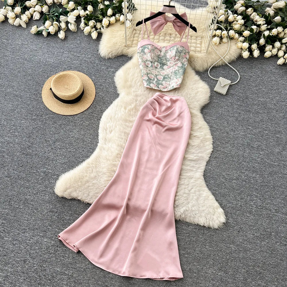 Bow Floral Satin Cami And Mermaid Skirt Set for Women