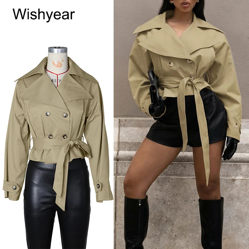 Lace-Up Double-Breasted Cropped Windbreaker Jacket for Women