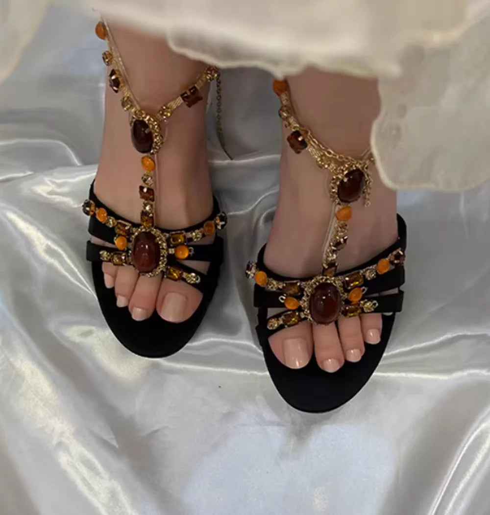 Black Satin Gold Beaded Stilettos