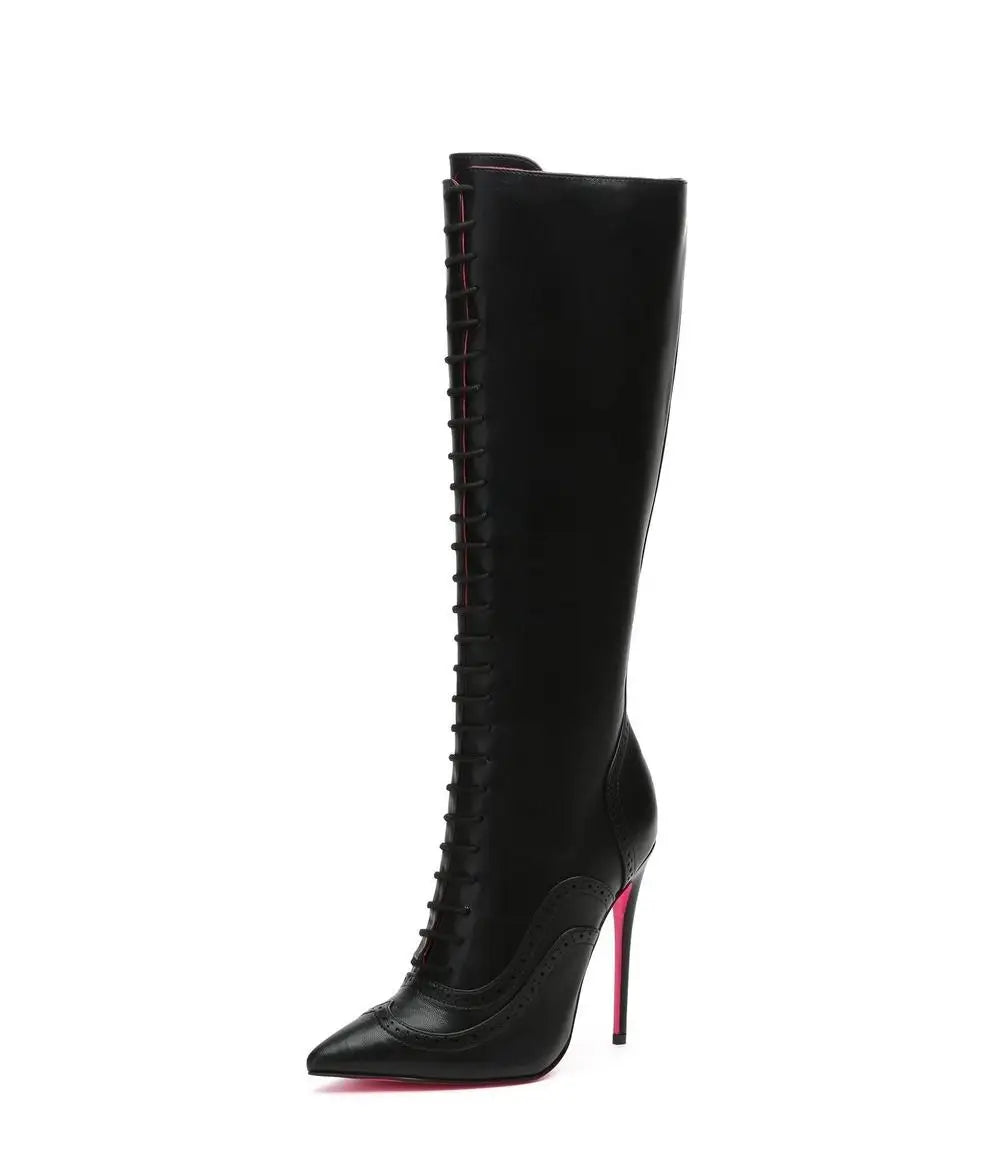Pointed Toe Patent Leather Lace Up Knee High Boots for Women