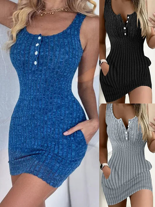 Button Front Sleeveless Bodycon Mini Dress for Women