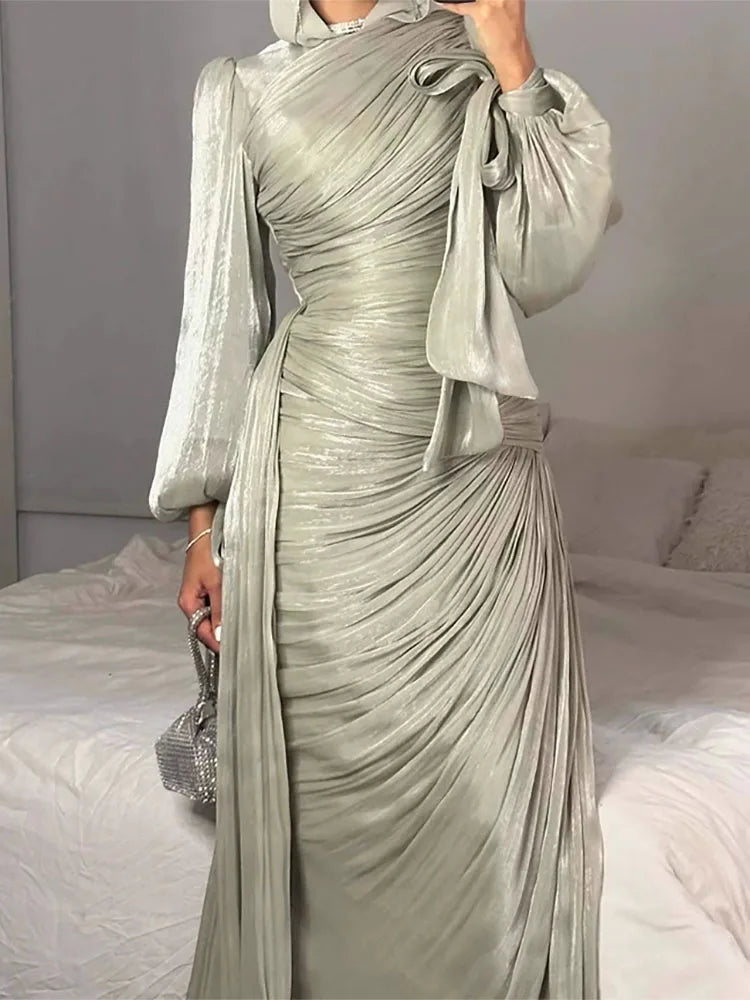 Lantern Sleeve Pleated Maxi With Lace Up O Neck Dress for Women
