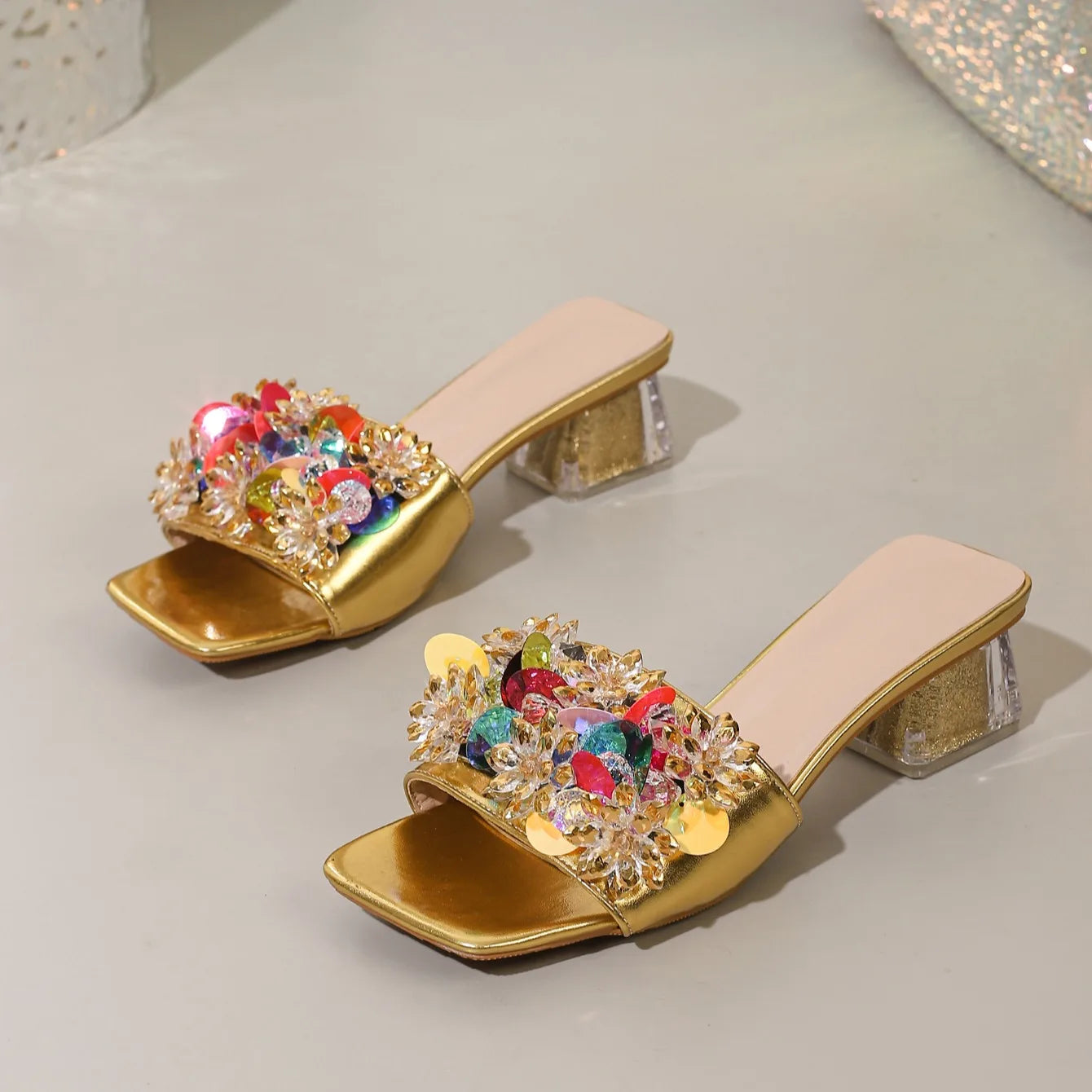 Bohemian Style Gold Rhinestone High Heel Sandals for Women