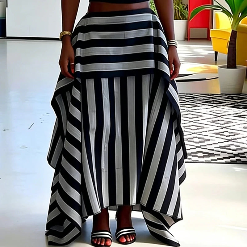 Striped Vacation Halter Backless Top and Half Skirt Set for Women