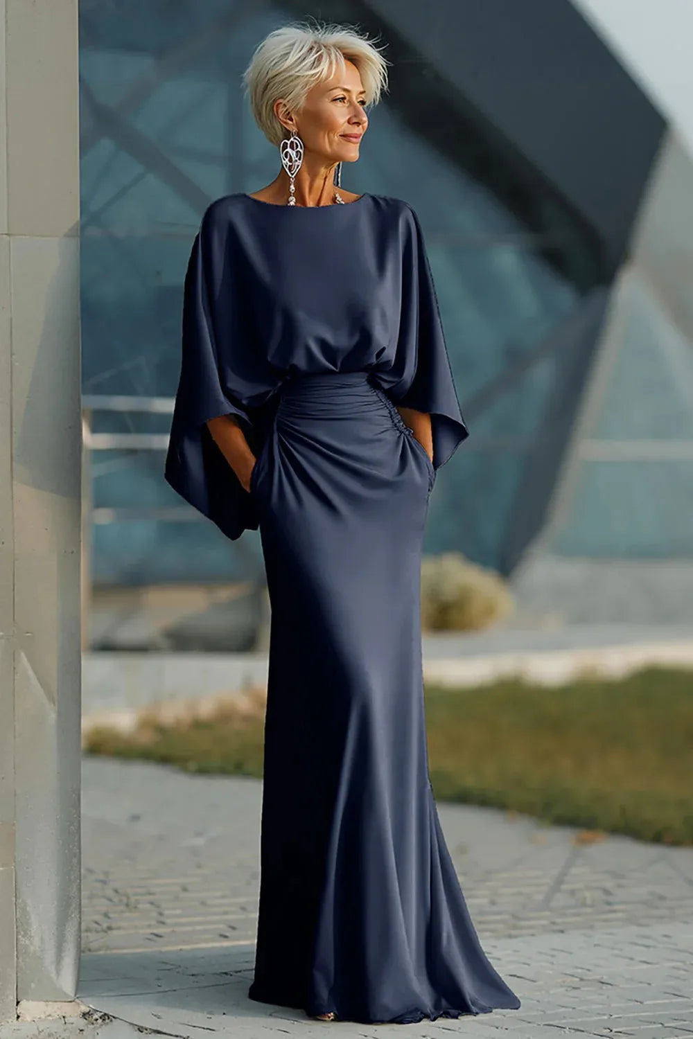 Satin Backless Ruched Evening Gown