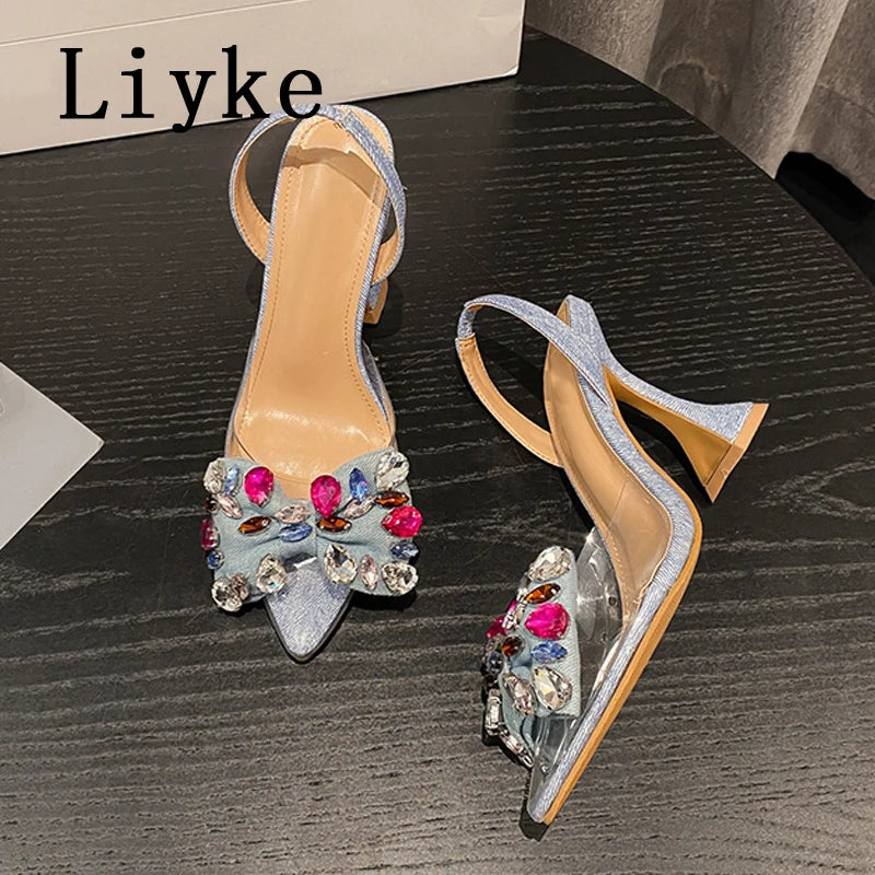 Blue Crystal Bowknot Embellished Pointed Toe Pumps for Women