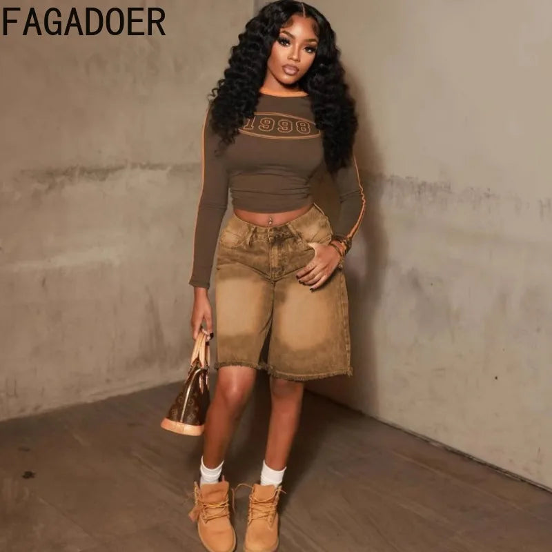FAGADOER Y2K Fashion Denim Shorts Women Tie-dye Pocket Straight Jeans Shorts Pants Female Streetwear Bottoms 2025 Summer New