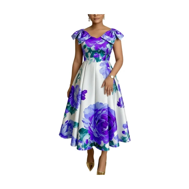 Women Cap Sleeve Floral Print Midi Dress Elegant Pleated Swing Dress For Evening Party Formal Occasion Slim Fit