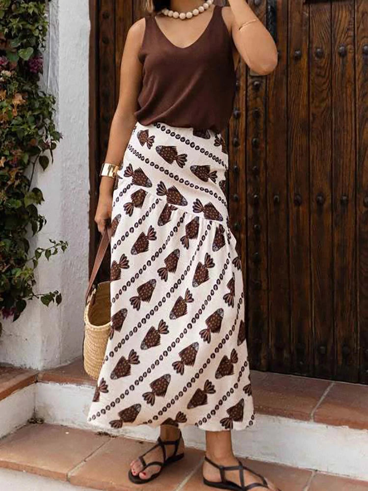 Women Autumn Beach Style Sexy Skirts, 2025 Patchwork Chic Elegant Fashion Skirts, Holiday Simple Retro Print Ladies Maxi Skirts