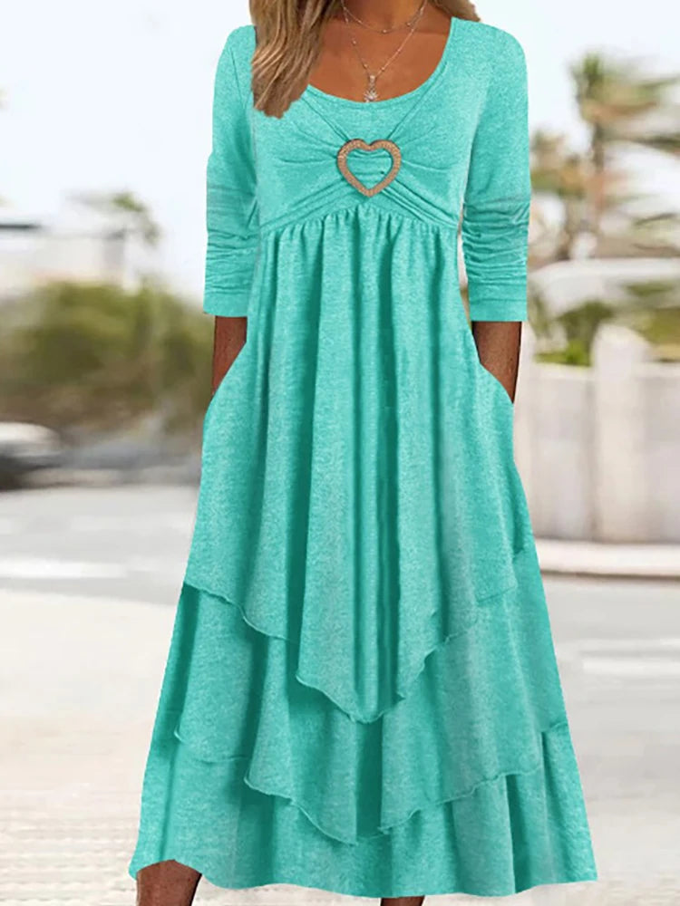 Long Sleeve Patchwork Midi Dress With Pockets for Women
