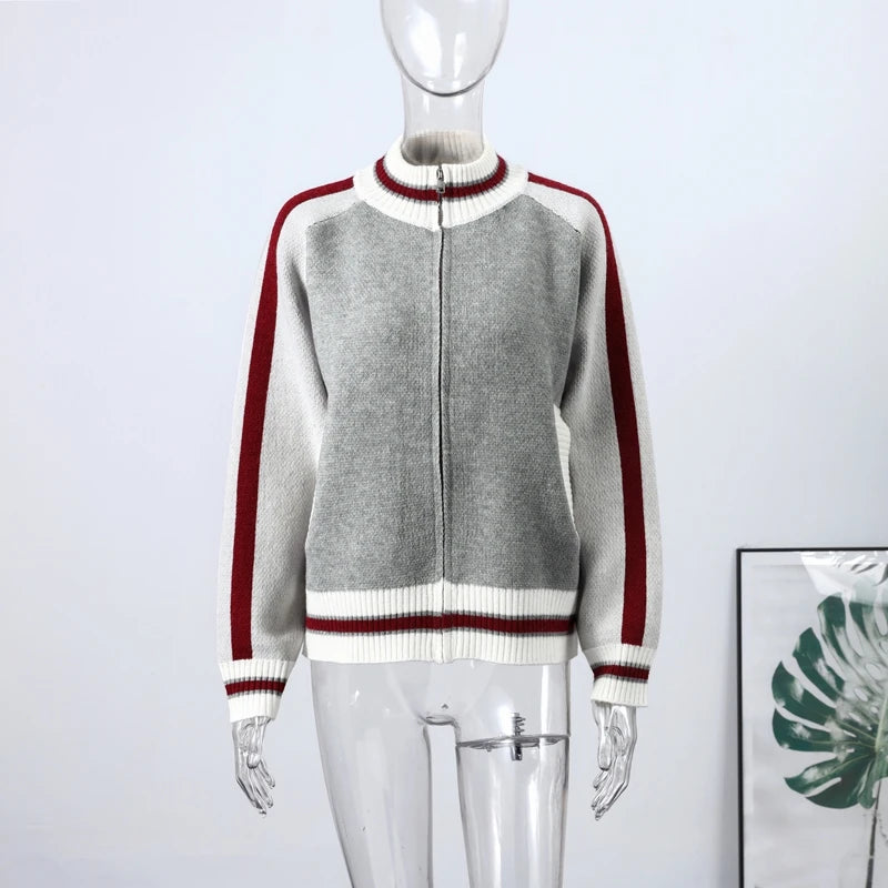 Printed Striped Knitted Baseball Cardigan for Women