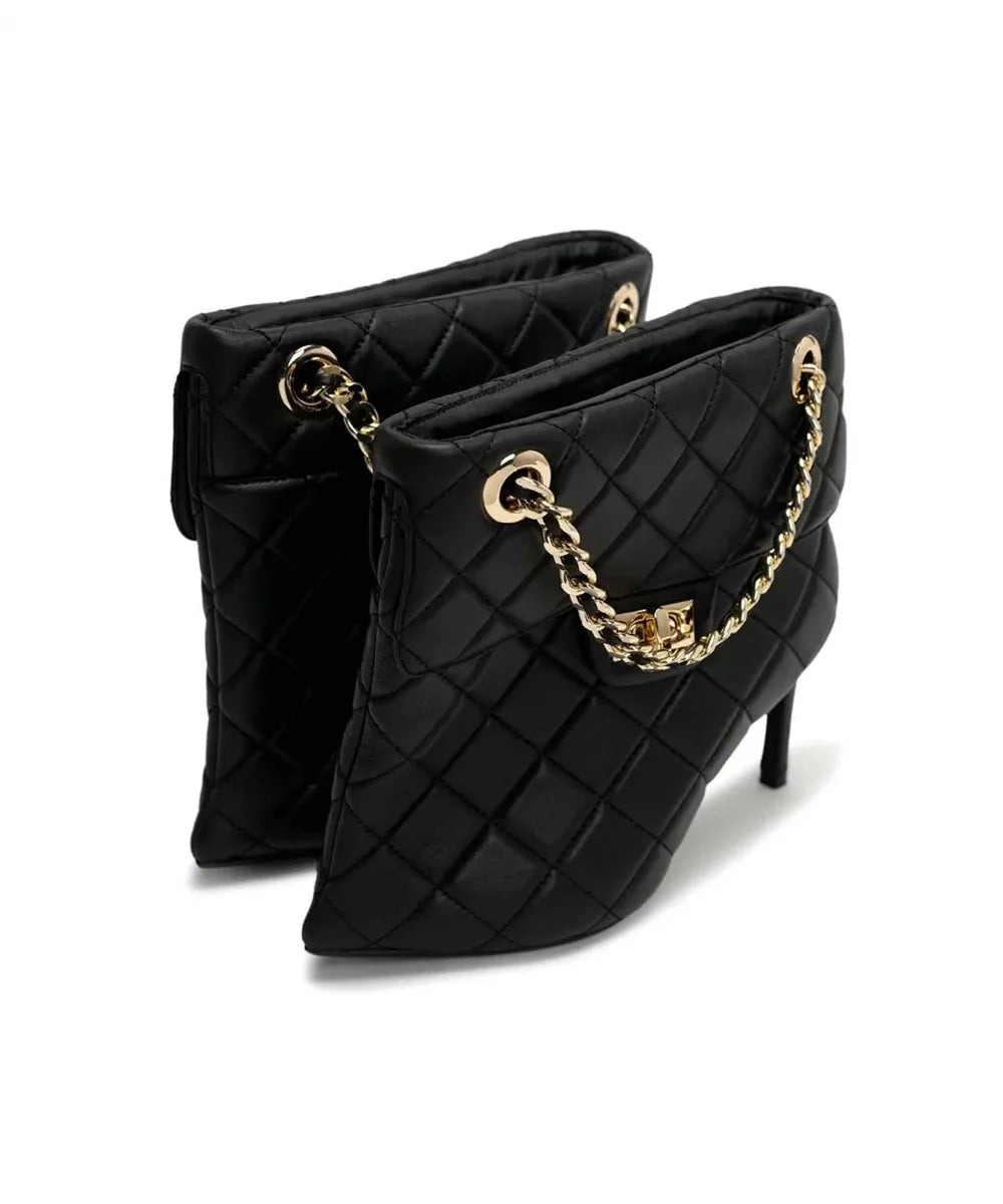 Dark Leather Pointed Toe Stiletto Ankle Boots With Gold Chain Strap For Women