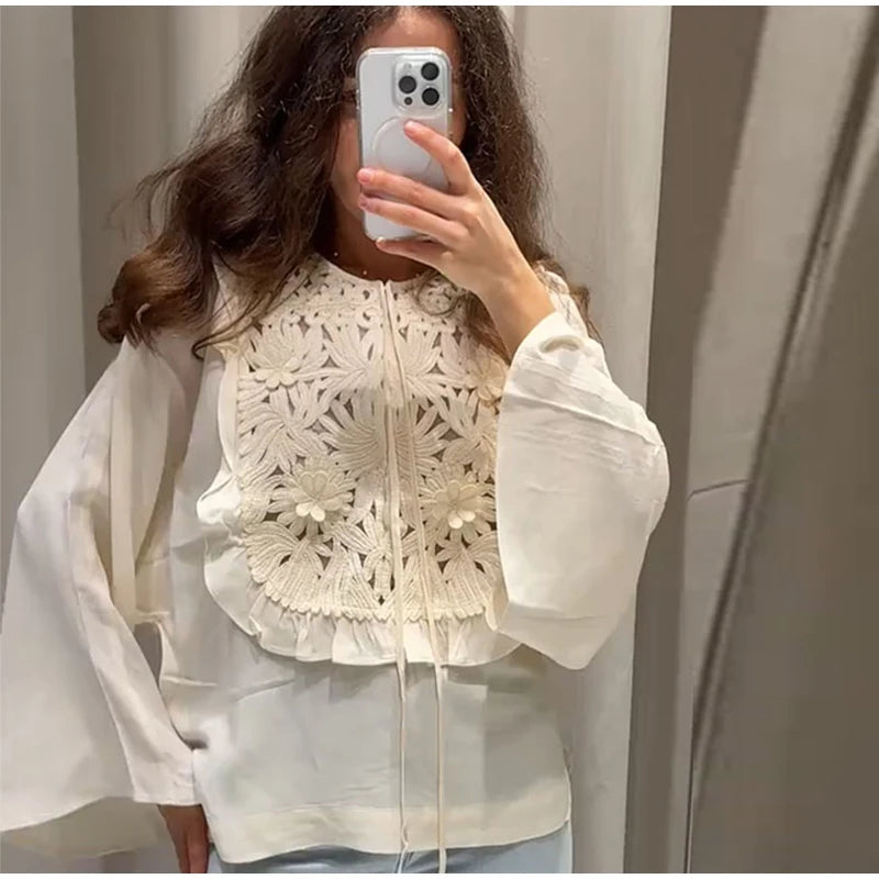 Floral Hollow Embroidery Mini Skirt Sets Women 2 Pieces Flare Sleeved Women Suit Casual Two Piece Set Summer Women Outfit