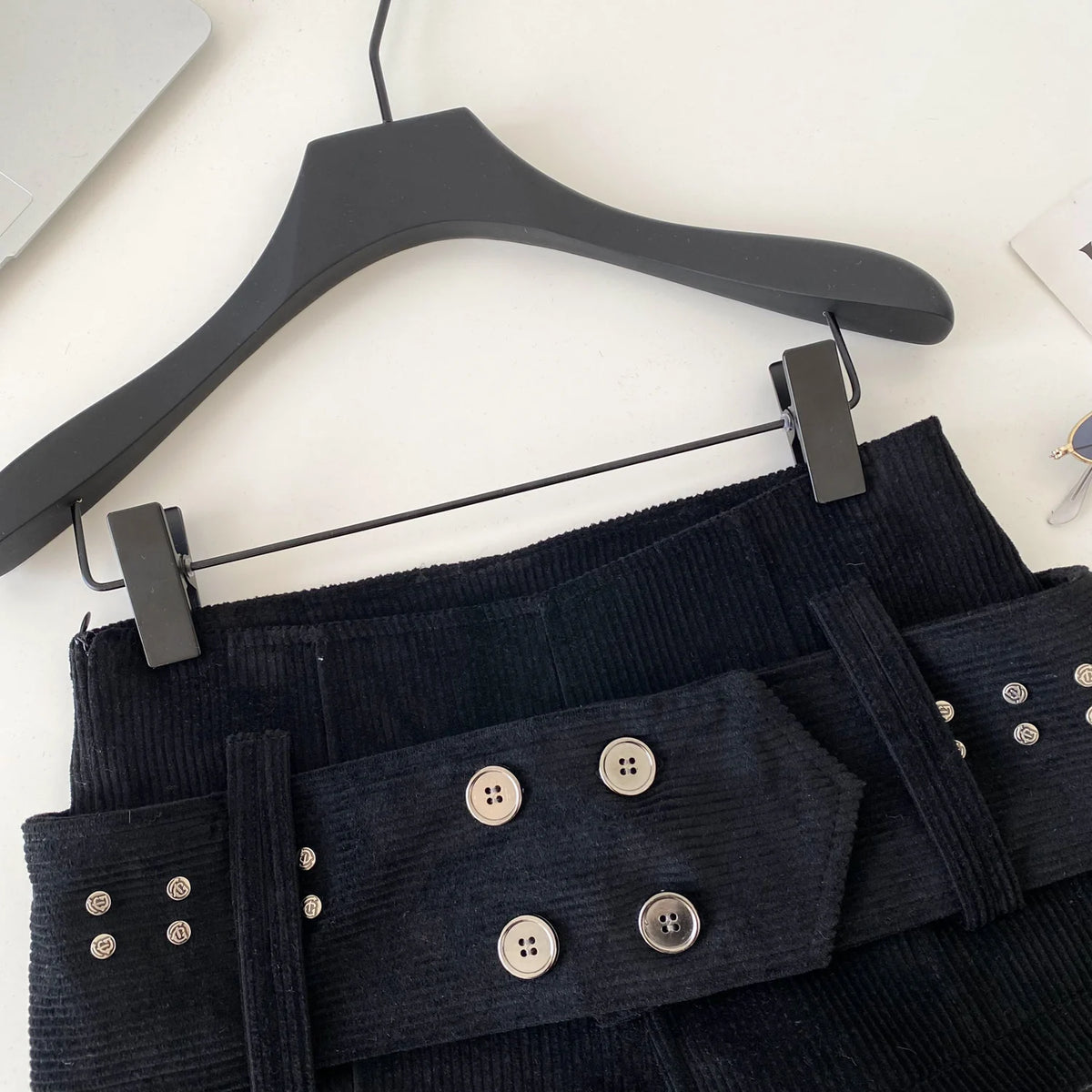 Retro Corduroy Button Detail Low Waist Shorts for Women