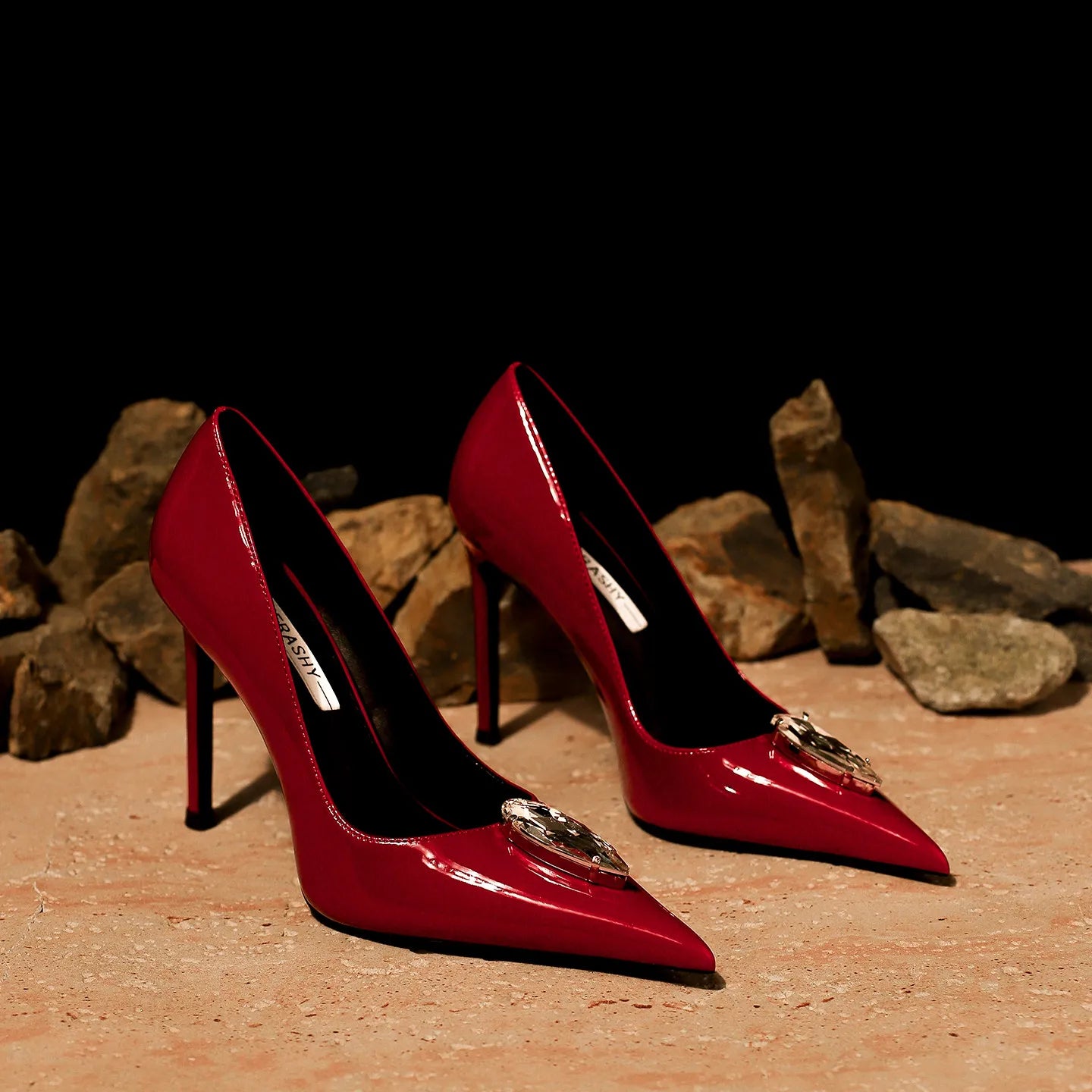 Nude Patent Leather Pointed Toe Crystal Stiletto Pumps for Women