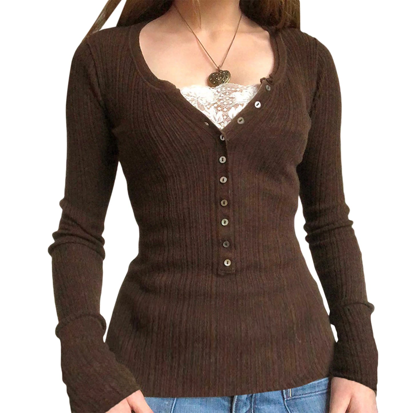 Button Front Lace Patchwork Slim Fit Knit Top for Women
