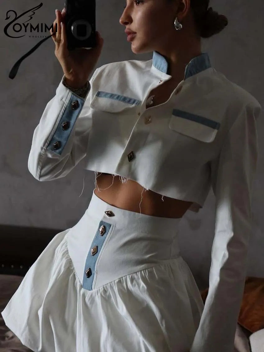 Oymimi Fashion Black Patchwork Two Piece Set For Women Casual Long Sleeve Button Pockets Crop Shirts + High Waist Mini Skirt Set