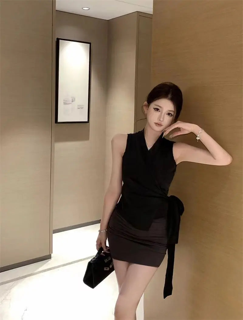 Solid V Neck Bandage Sleeveless Elegant Top for Women