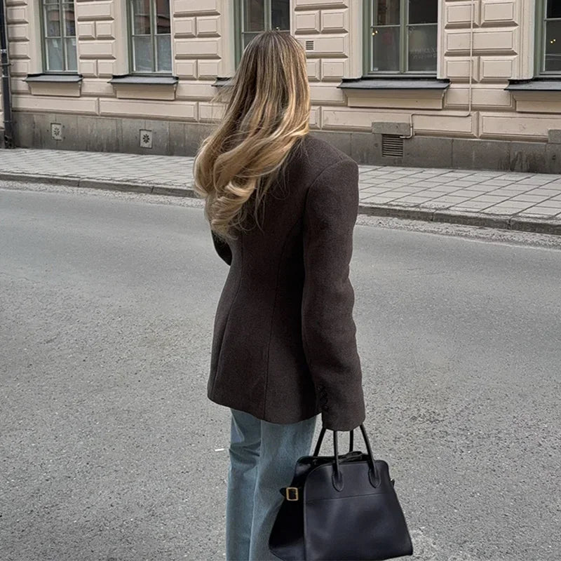 Elegant Woolen Slim Lapel Double Breasted Shoulder Padded Coat for Women