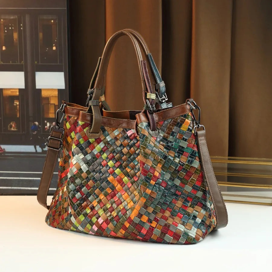ABQP New Women's Handbag Made of Genuine Leather Hand Woven Women's Single Shoulder Crossbody Bag Color Spliced Women's Bag