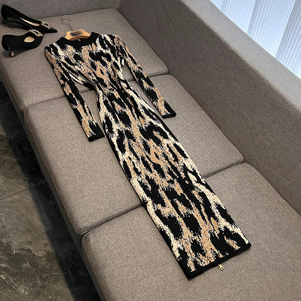 Leopard Print Long Sleeve Sheath Dress