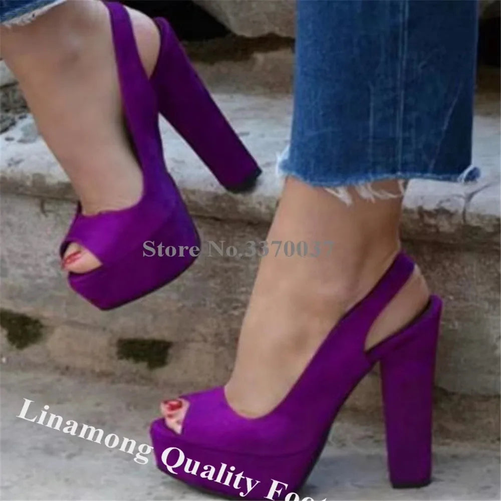 Purple Suede Chunky Heel Platform Peep Toe Pumps for Women