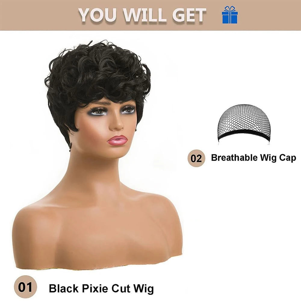Short Black Curly Pixie Cut Synthetic Wig For Women