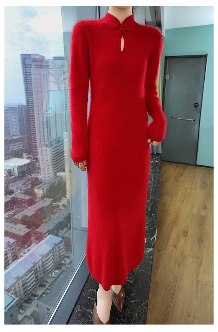 Cashmere Knit Dress with Stand Up Collar and Buckle for Women