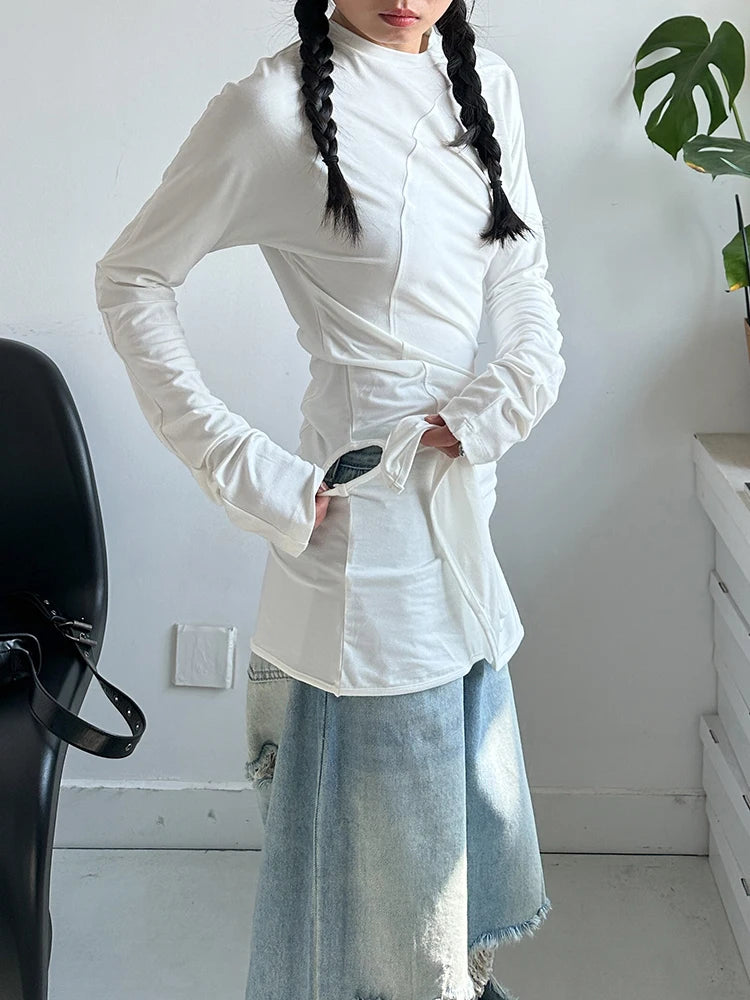 [EAM] Women White Irregular Hem Elegant Long Slim T-shirt New Round Neck Long Sleeve Fashion Tide Spring Autumn 2025 1DJ0097