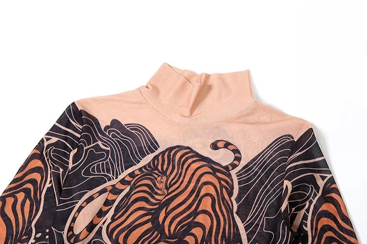 Weird Puss See Through T-Shirts Women Tiger Print Long Sleeve High Neck High Slits High Elastic Skinny Trend Street Hipster Tops