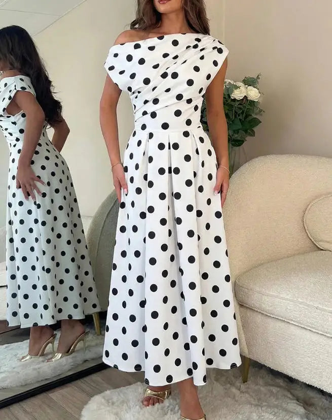 Polka Dot Ruched A Line Maxi Dress With Pockets for Women