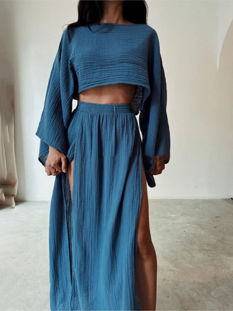 Casual Cotton Linen Blend Two Piece Skirt Set for Women
