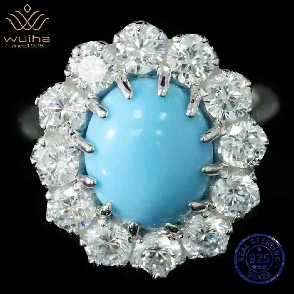 WUIHA 925 Sterling Silver Oval Cut Lab Sapphire Turquoise High Carbon Diamonds Gemstone Wedding Engagement Rings Fine Jewelry