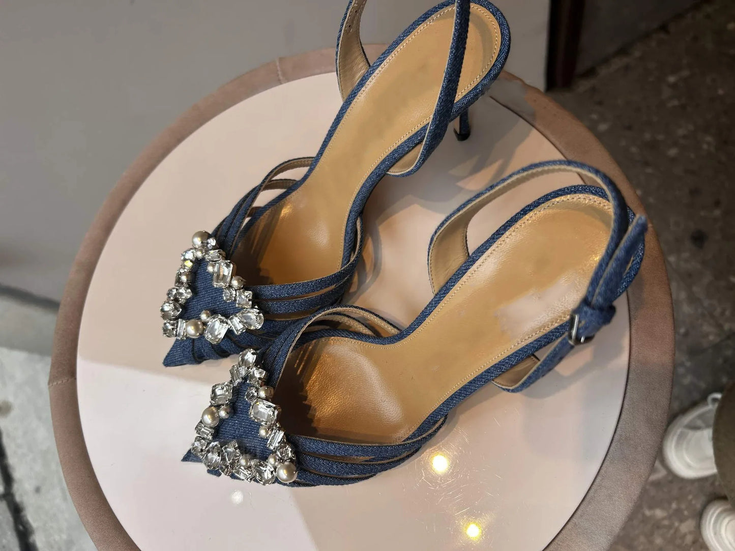 Crystal Heart Buckled Caged Leather Low Heel Pointed Toe Sandals For Women