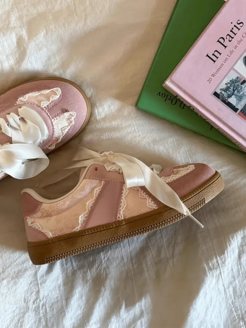 Cream French Lace Satin Ribbon Vintage Sneakers For Women
