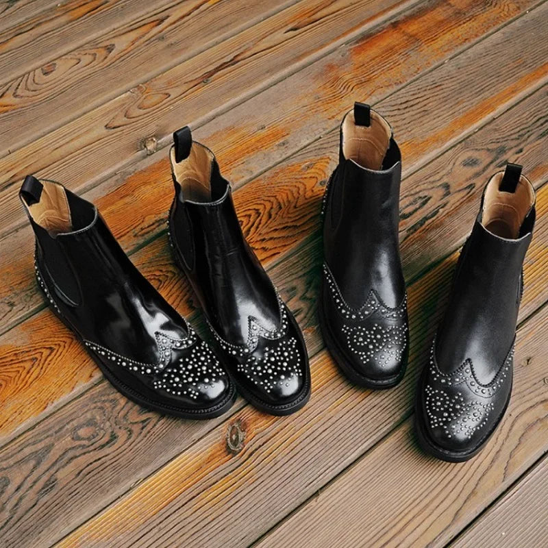 Rivet Patent Leather Slip On Ankle Boots for Women