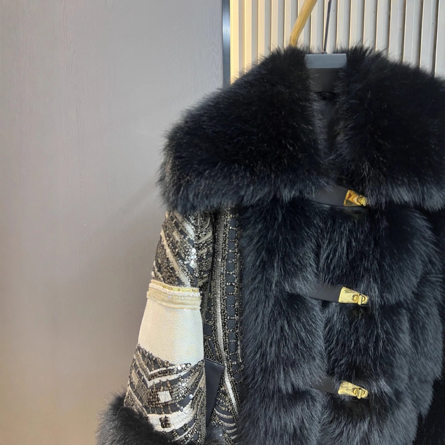 Faux Fox Fur Coat With Sequined Collar