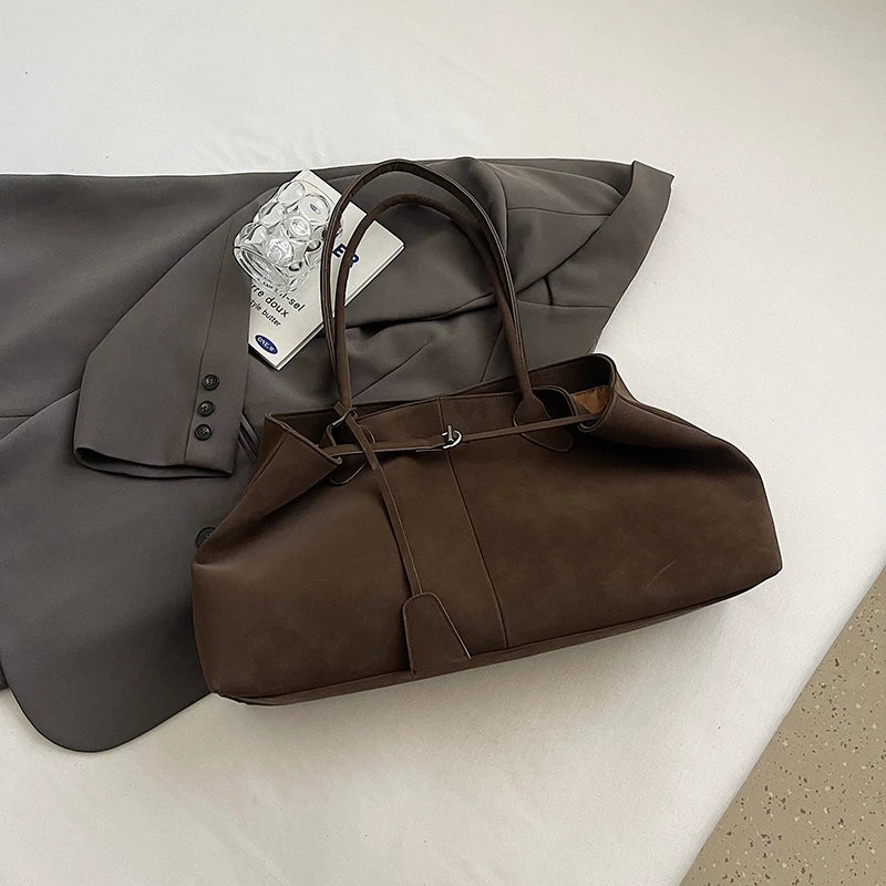 Luxurious Faux Suede Pure Color Retro Shoulder Tote Bag for Women