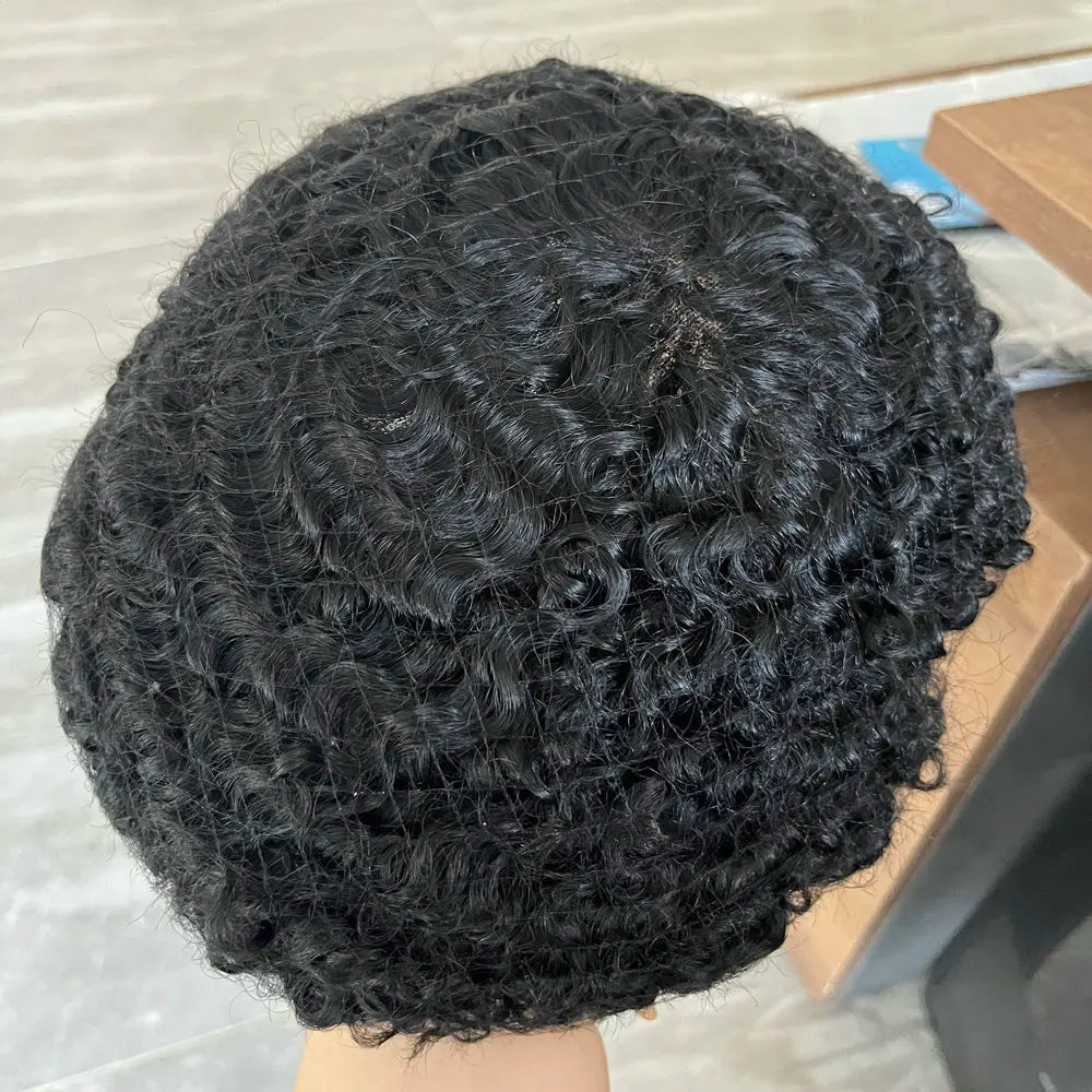 Curly Human Hair Toupee Replacement System for Men