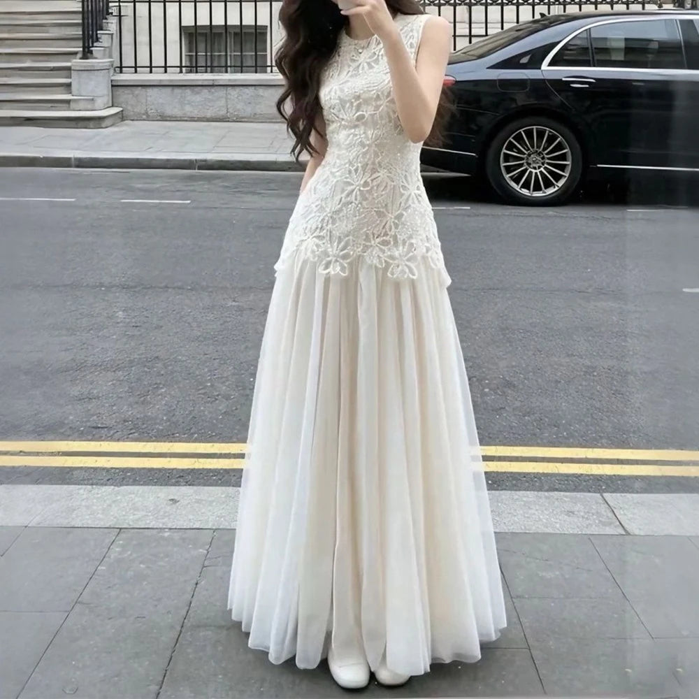Regular Fit Crew Neck Embroidered Summer Midi Dress for Women