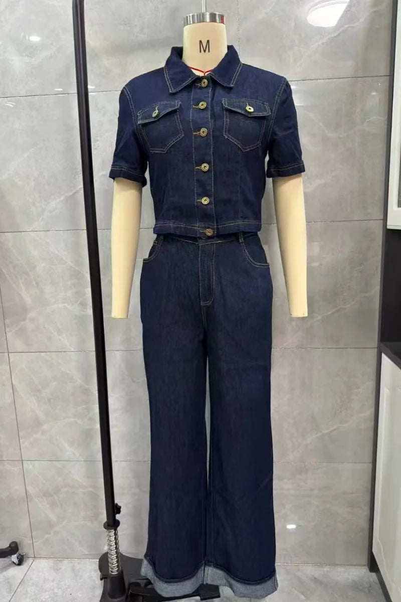 Short Sleeve Denim Two Piece Set With Straight Leg Jeans for Women