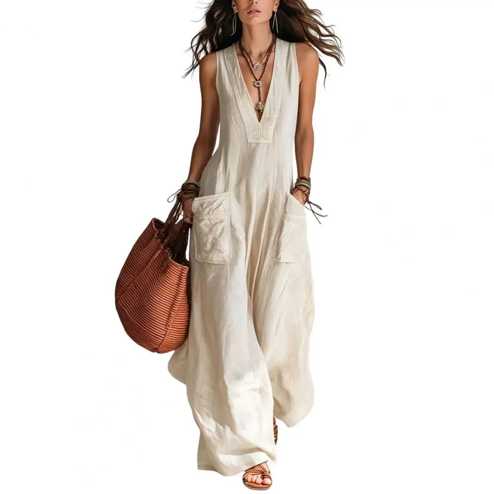 Sleeveless V Neck Loose Wide Leg Casual Jumpsuit For Women
