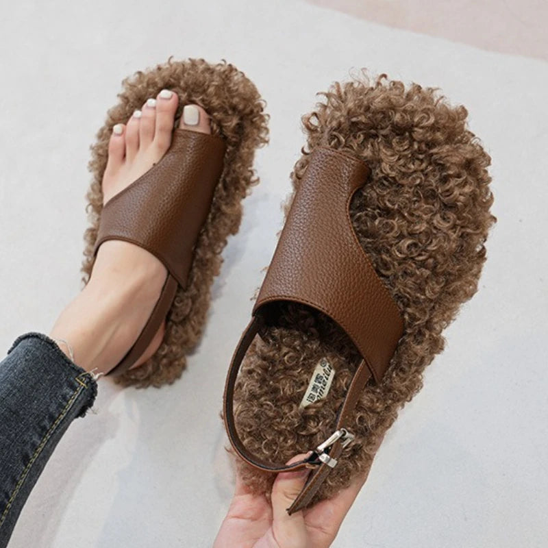 Cozy Plush Buckle Strap Flat Toe Slippers for Women