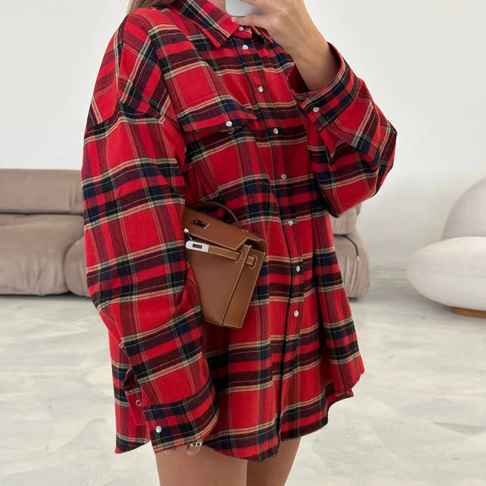 FSMG-Versatile Plaid Shirt For Women, Red Bright Grid, Oversized Blouse, Leisure And Fashionable Top, Spring And Autumn Seasons
