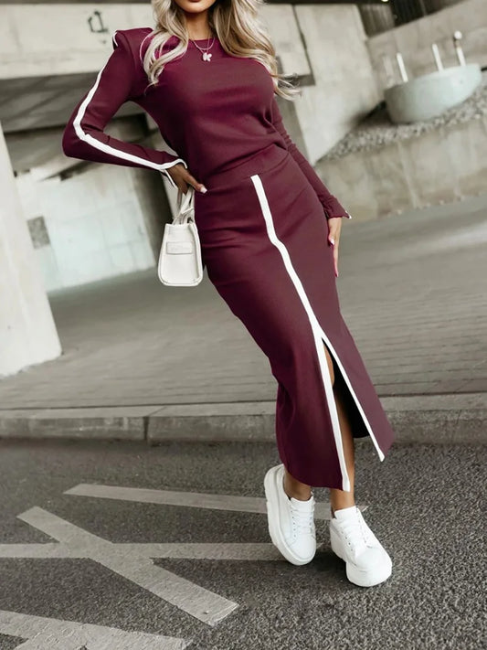 O Neck Pullover Top Maxi Skirts Suits, Women Autumn Winter Solid Patchwork Matching Set, Long Sleeve Elastic Waist Ladies Outfit