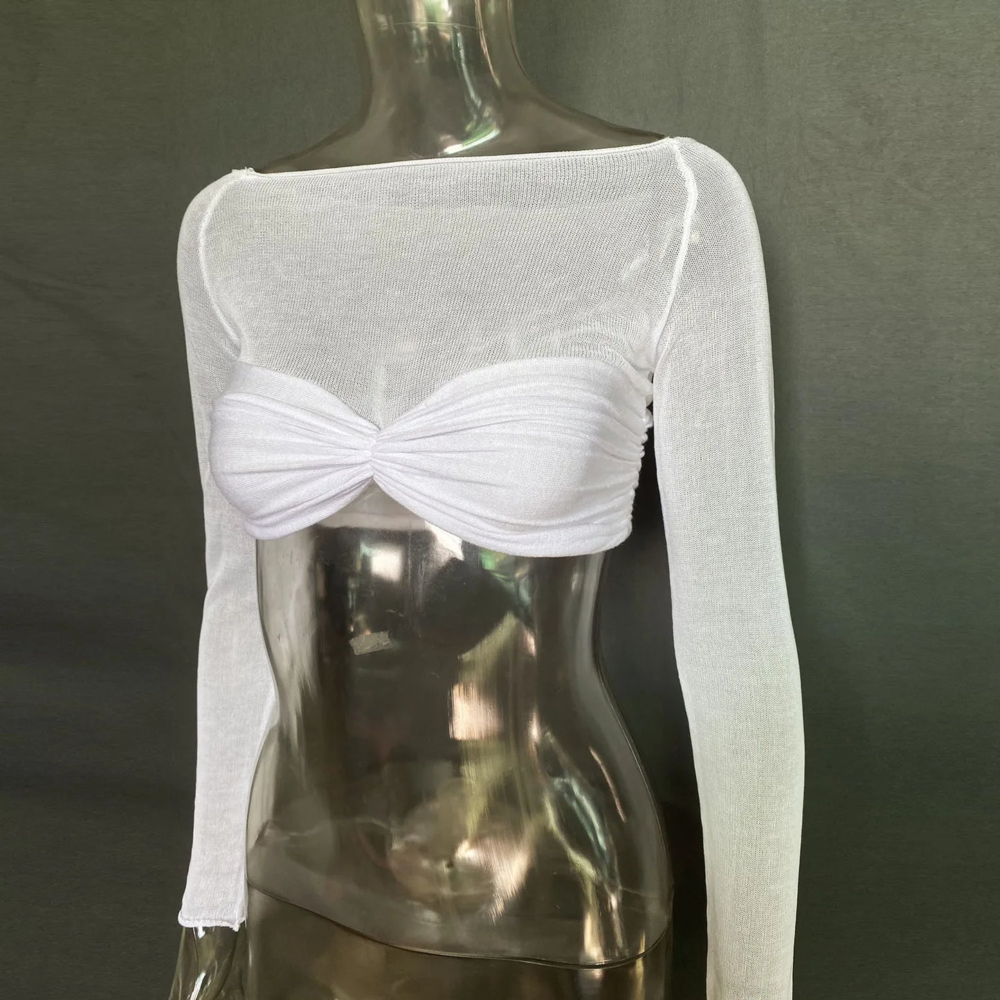 Cryptographic Elegant Front Ruched Cropped Top for Women Fashion Long Sleeve Off Shoulder Sexy Backless Sheer Knit Mini Top Slim