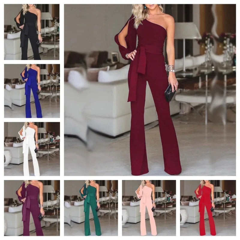 Solid Color Off-Shoulder Lace-Up Slim High Waist Jumpsuit for Women