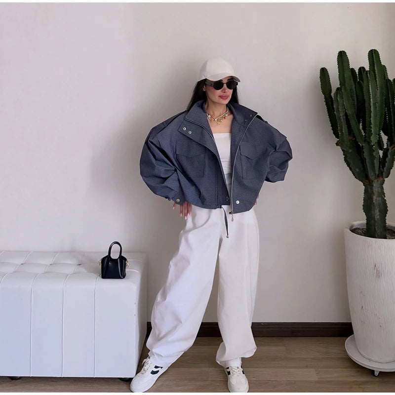 Casual Cropped Jacket With Stand Collar and Drawstring Hem for Women