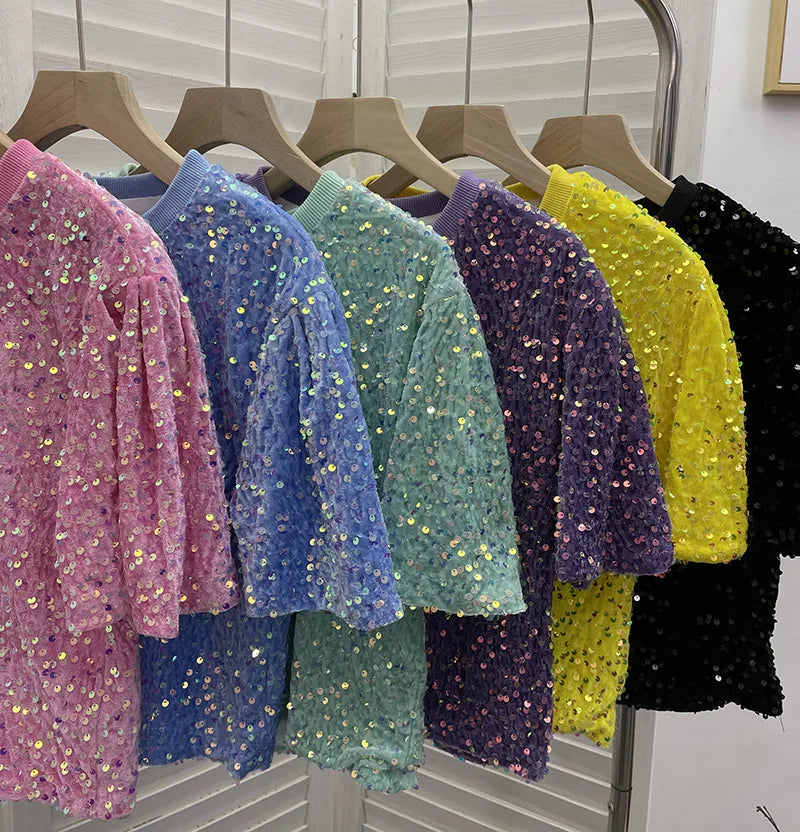 Spicy Girl Pink Sequins Short Sleeve T-shirt Round Neck Slimming Crop Top Blingbling Sexy Nightclub Multi Color Casual Tees