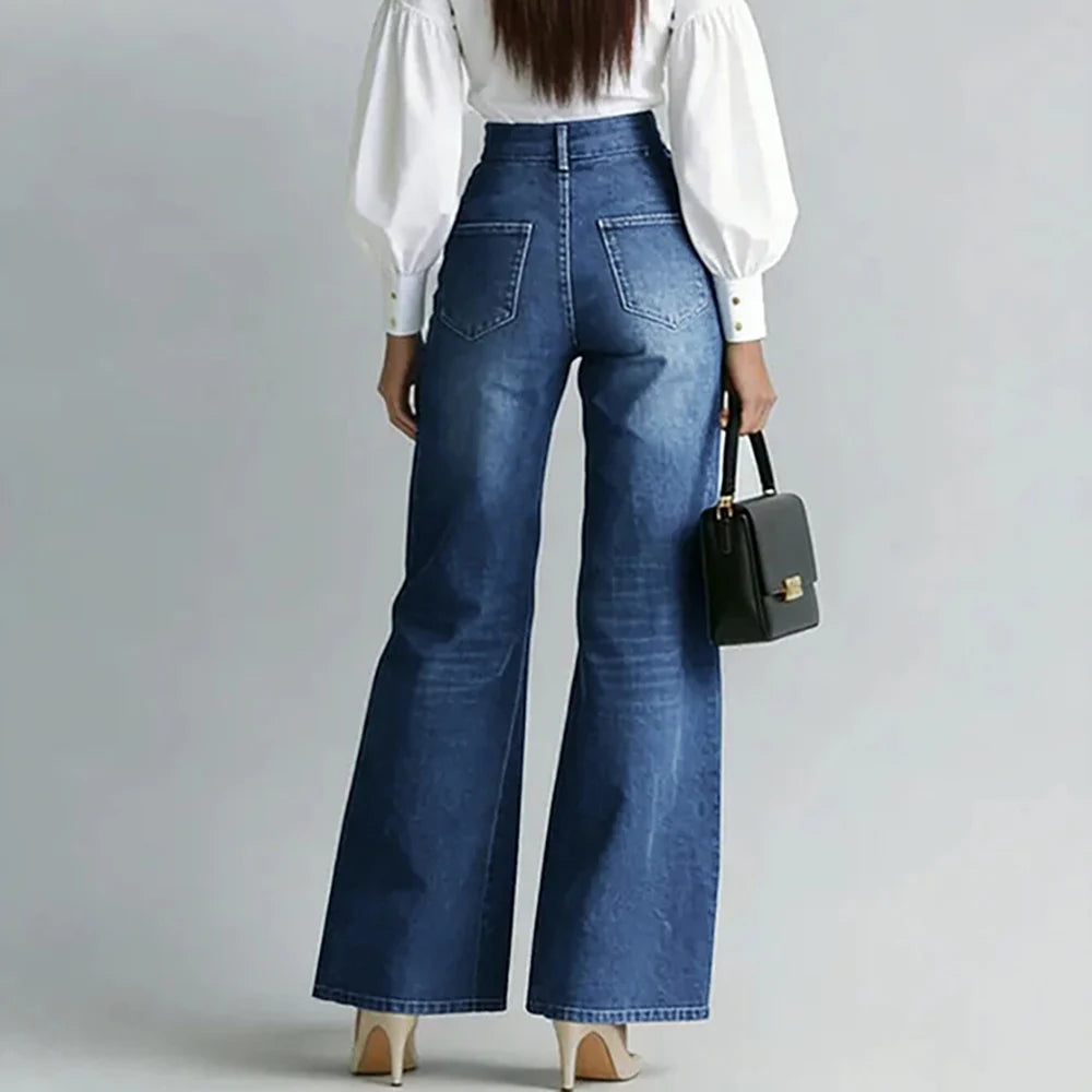 Vintage High Waist Wide Leg Flared Denim Jeans For Women